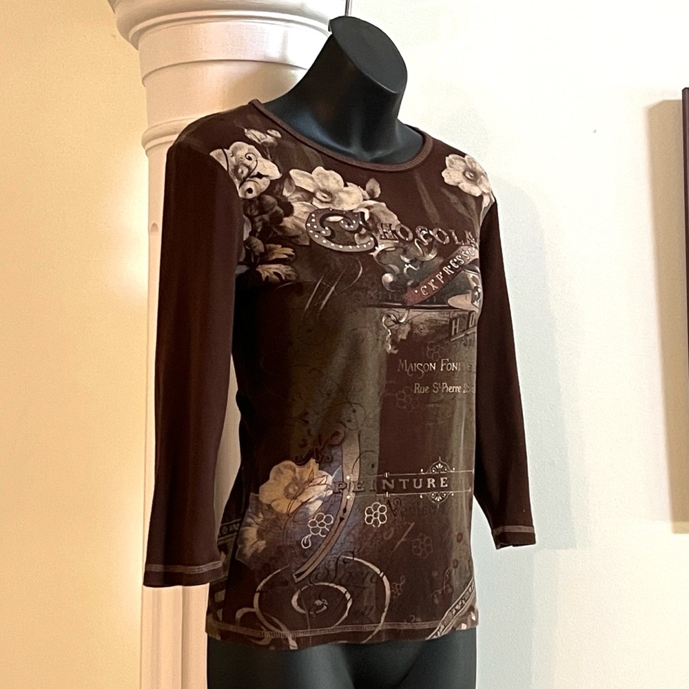 Vintage Retro Y2K Embellished Brown Knit Blue Canyon Clothing Top 3/4 Sleeves - Picture 3 of 9